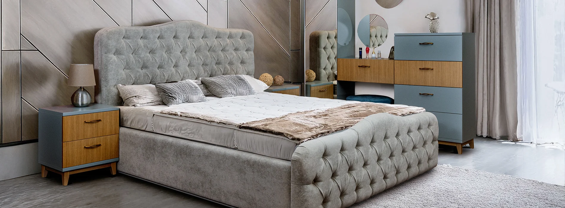 Έπιπλο Livin Θεσσαλονίκη κρεβάτι avatar με καπιτονέ με κομοδίνα και συρταριέρα και καθρεπτη epiplo-livin.gr