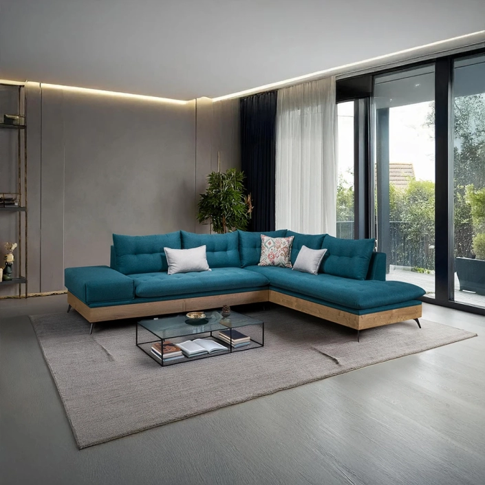 epiplo_livin_goniakos kanapes_CAIRO γωνιακός καναπές με ξύλο και αλέκιαστο ύφασμα πετρολ