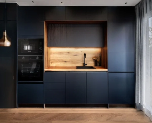 Miragio κουζίνα με gola νηπτήρα 3δ 3d διώροφη epiplo-livin.gr παγκος ξύλο καφέ led φωτισμο 7