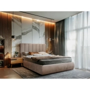 Nuno υφασμάτινο με ρίγες κρεβάτι με ξύλινα κομοδίνα epiplo-livin.gr 2