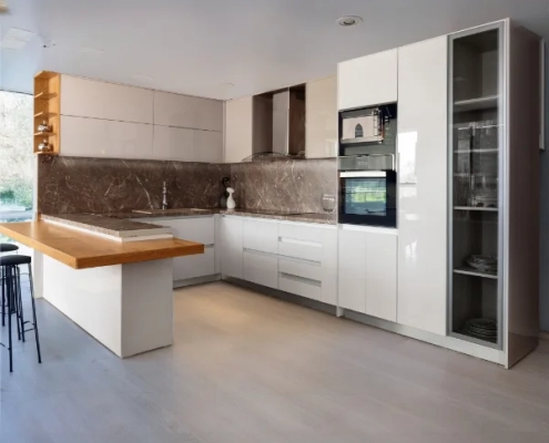 Viena kouzina με γκολα με ακρυλικό γιαλιστερο και τζαμοπορτα αλουμινιου μηχανισμος ανυψωσης διπλο πορτακι blum 1 epiplo-livin.gr